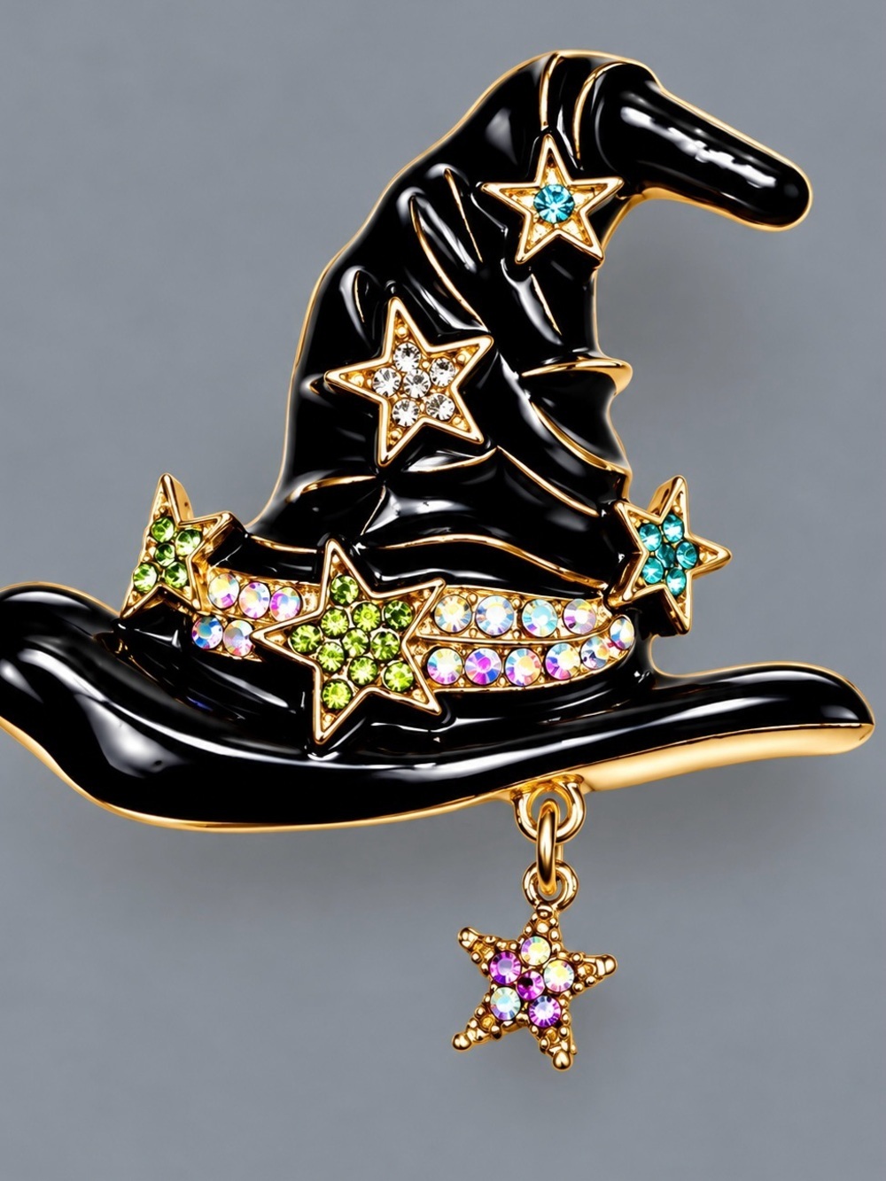 Black Enamel Witch Hat Brooch with Multicolor Star Accents #H02